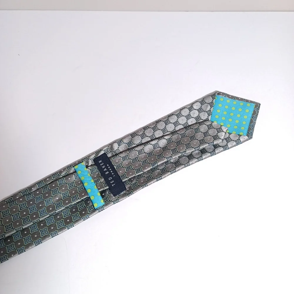 Ted Baker Tie Silk Silver Grey Green Abstract Geometric print Necktie 3